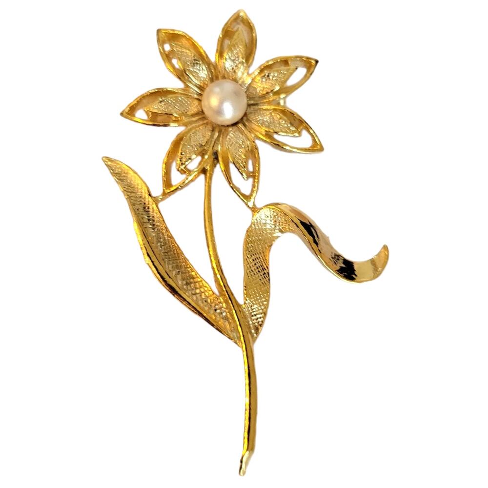 Vintage Gerrys Gold Tone Textural Sunflower Faux Pearl Brooch Signed Mid Century